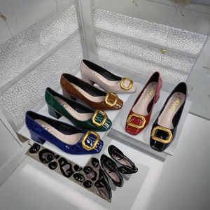 Escarpins marron foncé pour femme à bout carré et talon moyen, de haute qualité, avec boucle dorée de 2 pouces, à enfiler, respirants, en caoutchouc, printemps-été - Product Image 3