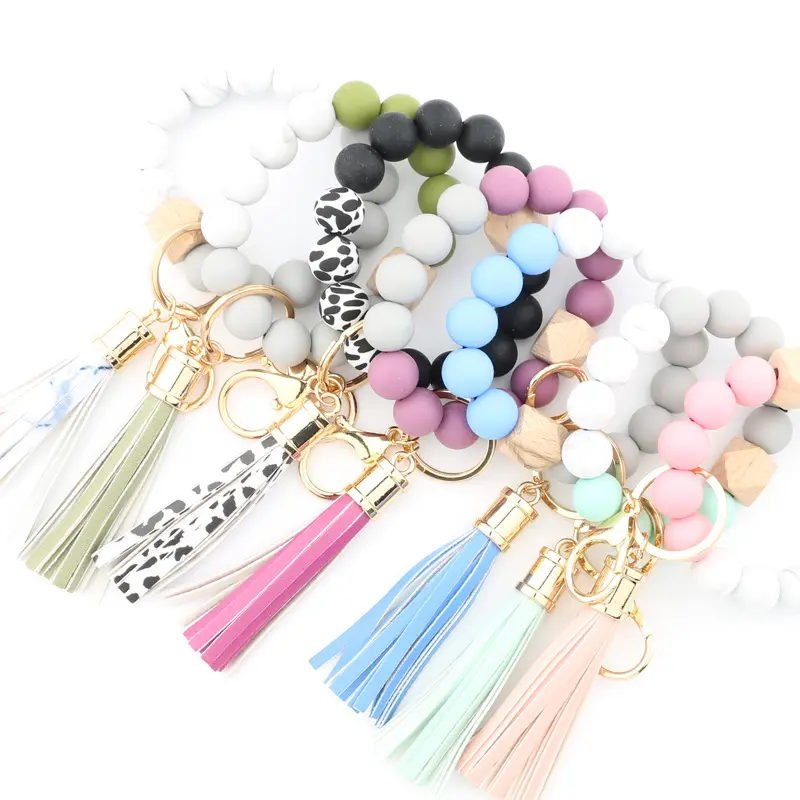 Silicone Beads Elastic Bracelet Bangle Portable House Car Keys Ring Holder for Women with Leather Tassel Wrislet Keychain