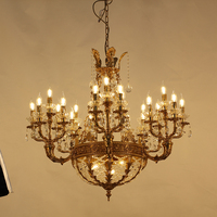Lustre LED artisanal à 21 lumières en laiton massif, style rococo français, avec pendentifs en cristal K9, blanc chaud 2700K, luxe pour plafond haut