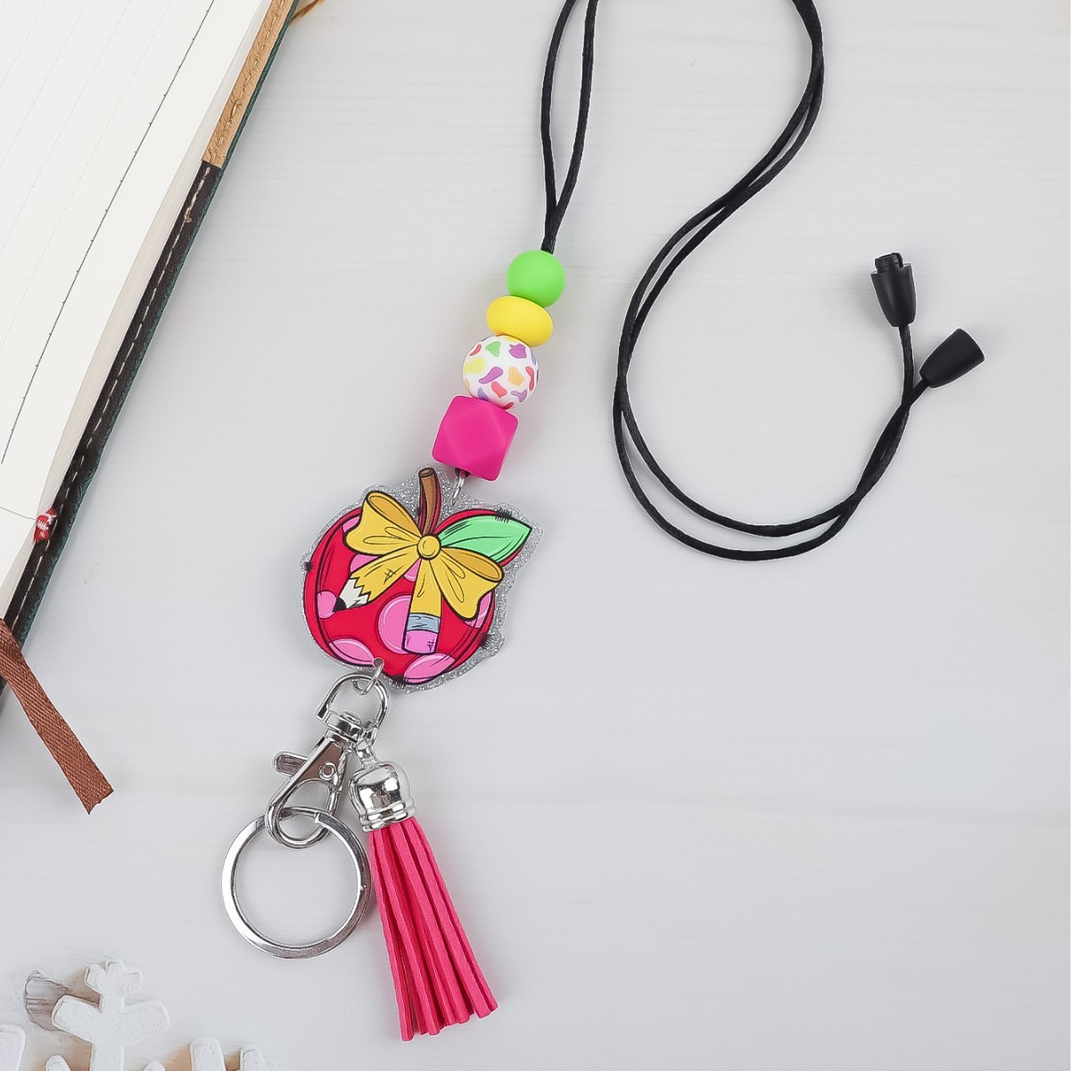 New Hot-Selling Silicone Bead Lanyard with Adorable Acrylic Pencil Pendant Lanyard Keyring with Badge Holder Image 2