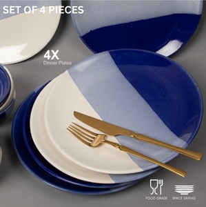 SAFA INTERNATIONAL Assiette de service ronde en céramique moderne, bleu gris blanc rayé, design bohème, faite à la main, antidérapante, décoration de table - Product Image 2