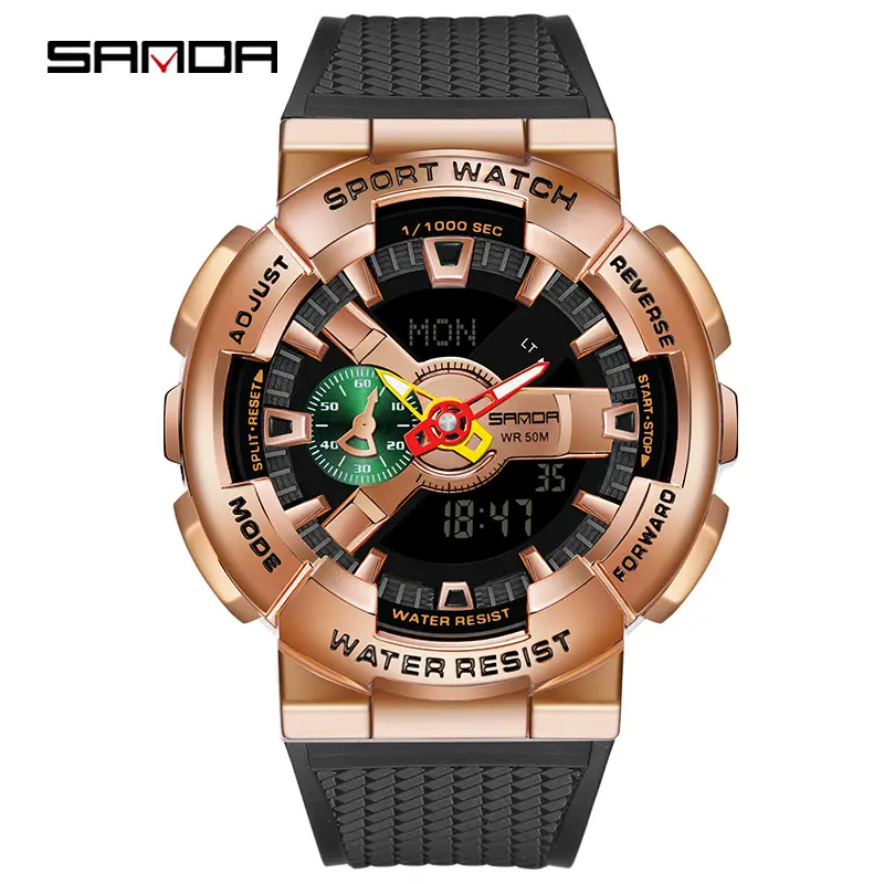 Sanda men's 9004 style with hand-raising lamp function personality dual display synchronous movement electronic watch