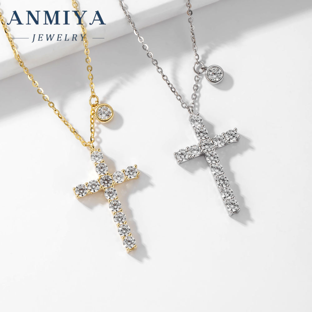 ANMIYA Trendy Fashion Plated 18K Gold Plated 925 Sterling Silver Zircon  Cross Fine Pendant Necklace for Lady Gift
