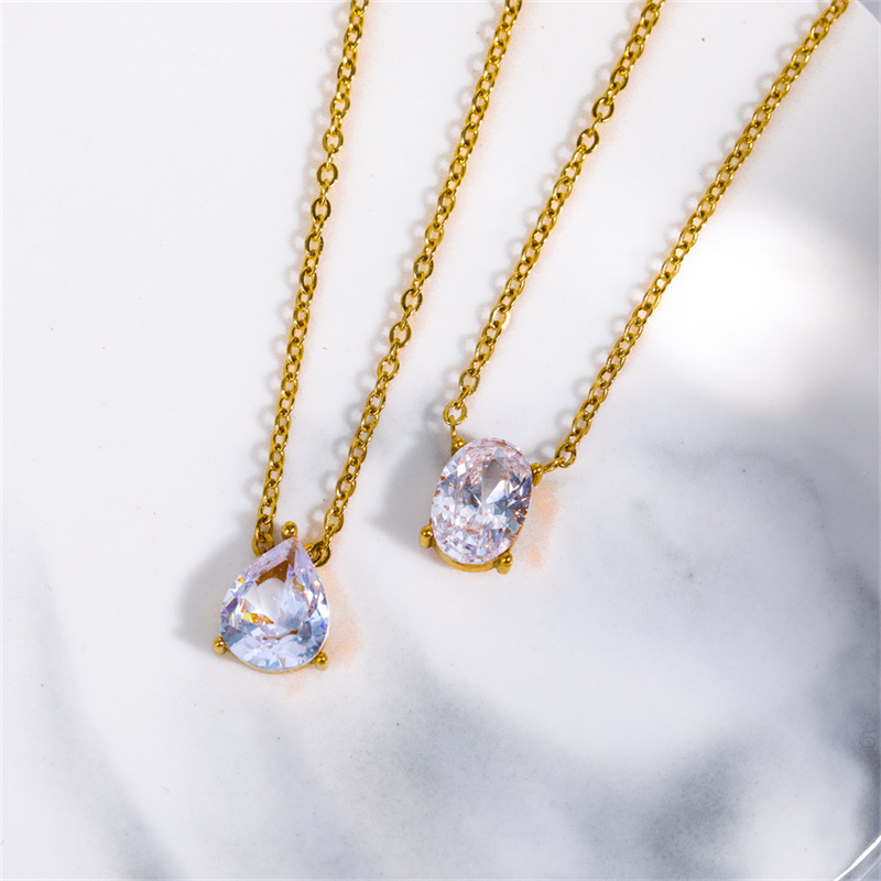 Dainty Waterproof Jewelry 18K Gold PVD Dainty Waterdrop Oval Zirconia Zircon CZ Pendant Minimalist Stainless Steel Necklace