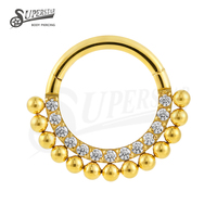 SUPERSTAR Anneau de piercing en acier inoxydable 316L, segment articulé clicker, serti de zircone cubique (CZ) avec motif à perles, pour septum, nez, daith et hélix