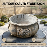 Bassin Rond Antique en Pierre Bleue Lotus Relief, Bol en Pierre de Citrouille pour Décoration de Jardin, Bonsaï, Étang à Poissons