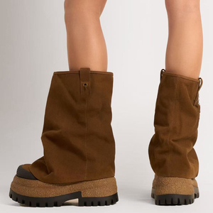 Women Thick Platform Half Knee <b>Boots</b> Overlay Mid-calf Booties Round Toe on Suede Camouflage Flat Shoes - Product Image 6