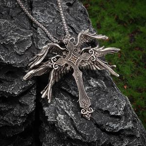 Vintage American Style Hip Hop Trend Necklace Silver Six Wings Angel Wings <b>Cross</b> Pendant on Link <b>Chain</b> Made of Zinc Alloy - Product Image 6