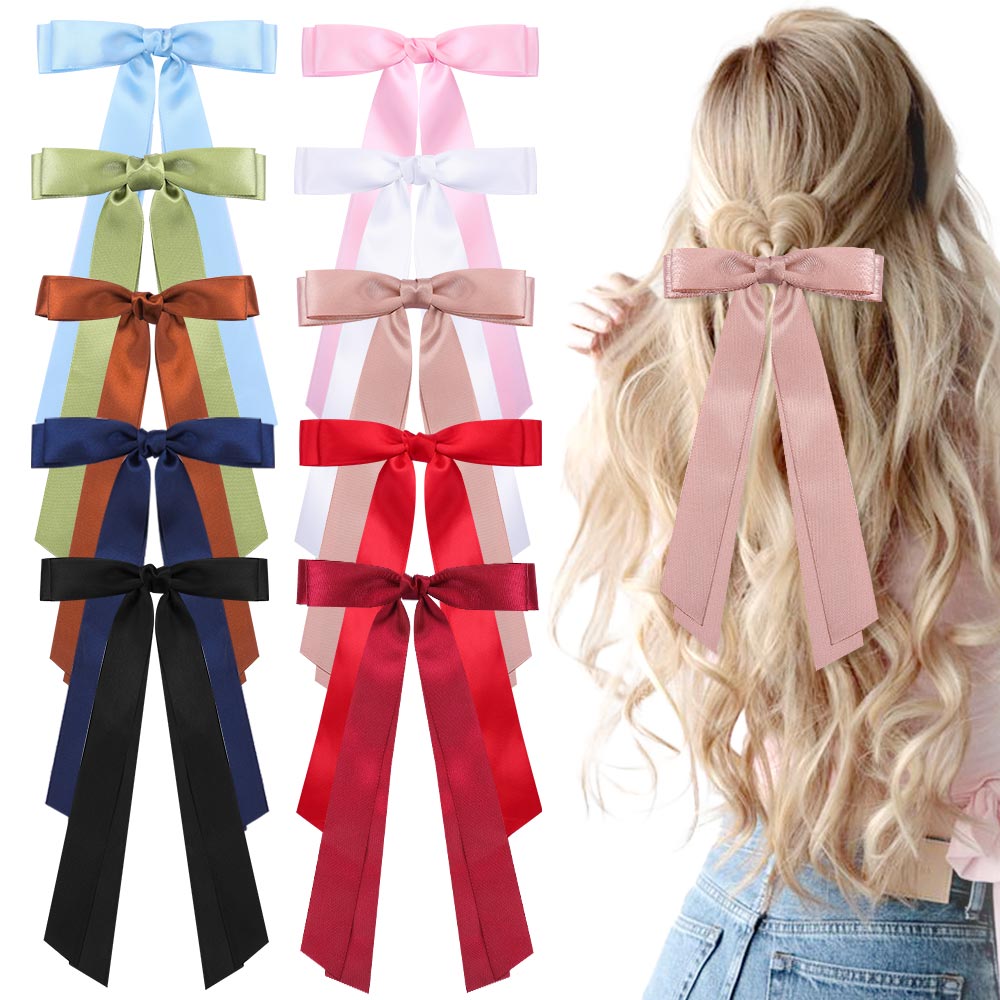 CN Large Satin Hair Bow Hair Ribbon Bows with Long Tail Hair Barrettes with Bow