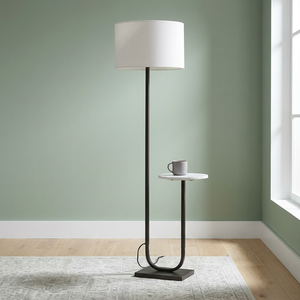 Modern Minimalist LED Floor <b>Lamp</b> with E27 Base White Drum Shade Metal Frame and Side <b>Table</b> for Living Room Bedroom - Product Image 3