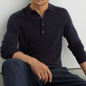 Maglione da uomo in lana merino a coste larghe, con maniche raglan e mezza abbottonatura, colore blu navy, stile classico e raffinato, modello <span class=keywords><strong>polo</strong></span>. - Product Image 3