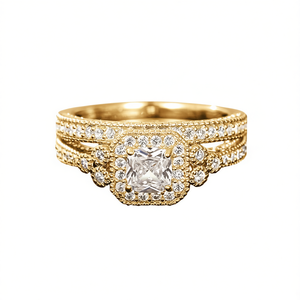 Anello di Fidanzamento Classico con Diamante Taglio Principessa per Donne in Oro Giallo con Diamanti Naturali e Design Halo T0337 - Product Image 1