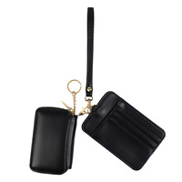 Porte-cartes et porte-monnaie portable tendance, double compartiment détachable, multi-fentes, en cuir PU, avec dragonne, mini portefeuille zippé pour femme