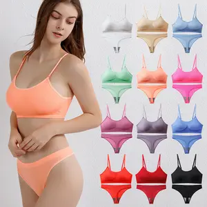 Conjunto de sujetador sin aros para mujer, ropa interior deportiva de realce, sin costuras, Tanga