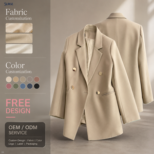 Blazer sur mesure pour <span class=keywords><strong>femme</strong></span>, décontracté, en similicuir beige uni, à revers cranté, manches longues, double boutonnage, boutons dorés - Product Image 1