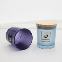 LANGXU Bougeoirs en verre dépoli de haute qualité 10oz bleu design de Noël avec couvercles en bois élégants petits bougeoirs lanternes