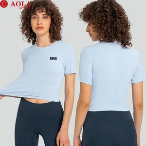 AOLA Damen T-Shirt Crop Tops mit Rundhals ausschnitt Fit Tops Active Wear Yoga Kurzarm Top