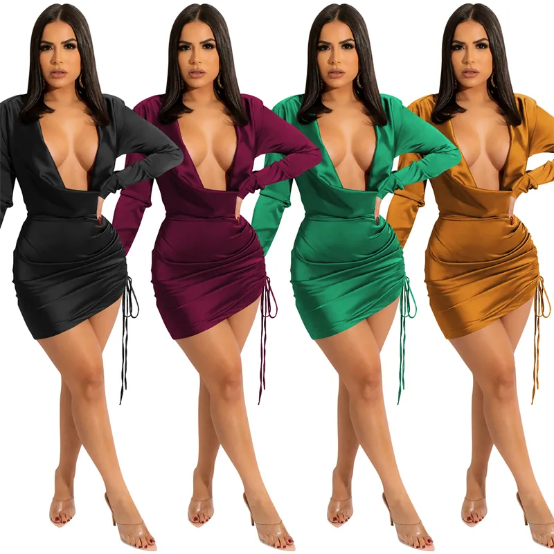 2022 spring charming hot extreme sexy clothes ladies silk deep v neck cut hollow out long sleeve mini party women satin dresses