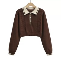 Pull en tricot personnalisé pour femmes à manches longues, col polo, pull en tricot de style Preppy pour femmes, bouton de couleur contrastée, pull en tricot pour femmes