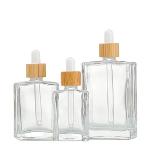 竹领小瓶30毫升50毫升100毫升木盖化妆品血清精油包装可再填充透明方形玻璃滴管瓶