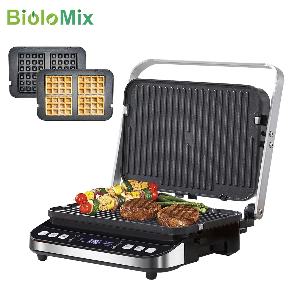 Biolomix grelha elétrica de contato 2000w, grelha digital de grelhado e imprensa de panini, placas opcionais para fabricante de waffle, abre churrascos de 180 graus