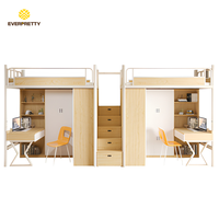 Meubles modulaires pour dortoirs universitaires : armoire en bois, étagères intégrées, système de lit en métal, lits mezzanine avec bureau
