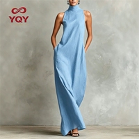 Robe longue sans manches à col haut pour femme, robe maxi de couleur unie, robe de soirée élégante décontractée pour l'été