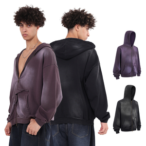 Sudadera con capucha retro para hombre con cremallera, de algodón puro de alto gramaje, con bolsillo desgastado y cremallera YKK, de Monleyey Wash - Product Image 1