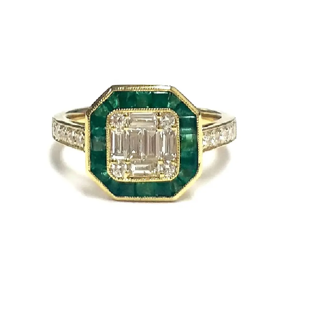Estilo vintage fillirgree esmeralda design 18k, anel dourado com diamantes reais, atacado, pedra preciosa natural, joias finas