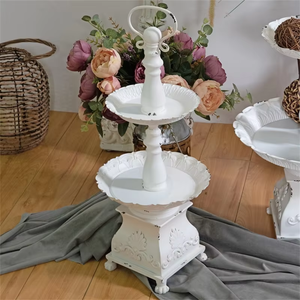 <b>2</b>-<b>Tier</b> Rustic White Metal Storage Tray Vintage Floral Design Retro Food Serving Tray Lacquer Technique for Living Room - Product Image 1
