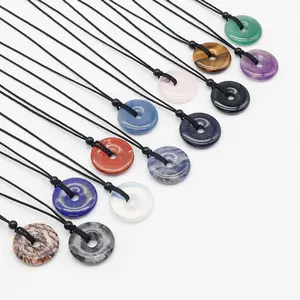 NUORO Minimalist Handwoven Rope Crystal Stone Ping An Buckle Necklace Jewelry Colorful Natural Stones Round Pendant Necklace