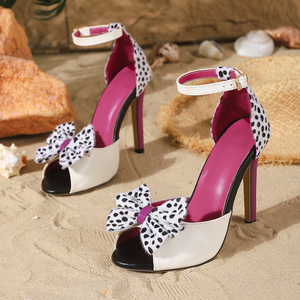 New Spring Summer Sweet Bow High-Heeled <b>Sandals</b> for Women with Stiletto Heels Open Toe One-Strap Strap Color Block Fashion Shoes - Product Image 4