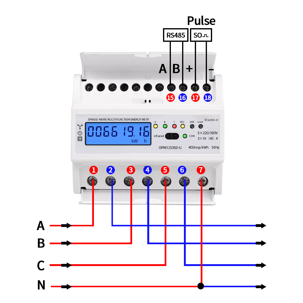 1 stuk 3-fase stroommeter, 3 x 220 V / 380 V digitale 3-fase, 4-draads 7 P DIN-rail elektronische kWh meter (30 (100) A