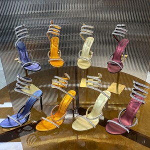 Sandales à talons hauts en cuir pour femmes, ornées de cristaux de luxe, à fines brides enveloppantes et bout ouvert - Product Image 1