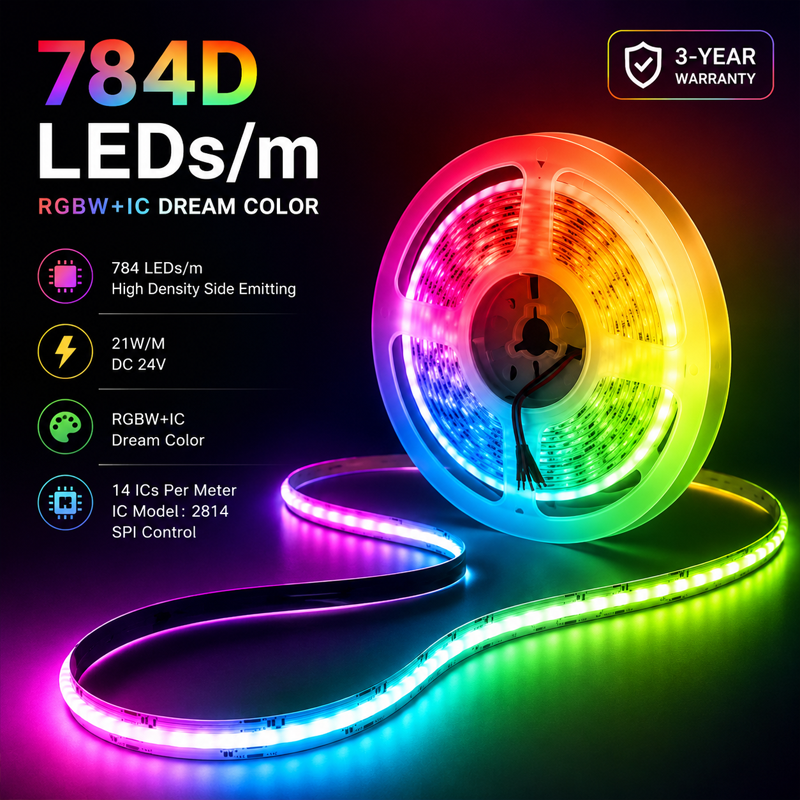 784 LEDs/m RGBW IC COB LED Strip Dream Color SPI Addressable LED Tape DC24V 2814 Flexible 10MM PCB IP20 5M/Roll RA90