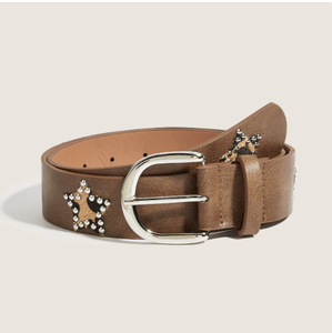 Cinturón de Cuero Marrón Vintage con Hebilla Plateada Pulida, Motivos de Leopardo y Estrellas, Pequeños Diamantes de Imitación, 3.8cm de Ancho, 105cm de Largo, Estilo Retro - Product Image 1