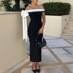 Hot Sale off the Shoulder Black <b>Sequin</b> Backless Tea-Length Club <b>Dress</b> <b>White</b> Bow Adult Women's Sexy Solid Beaded - Product Image 1