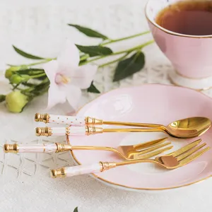 אלקטרוליטי זהב מזלג קרמיקה ידית ערבוב נירוסטה תה שולחן קפה כפית