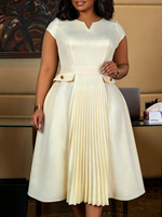 ADR060396 Robe plissée simple à manches courtes, coupe trapèze, grande taille, décontractée, couleur abricot pour femme