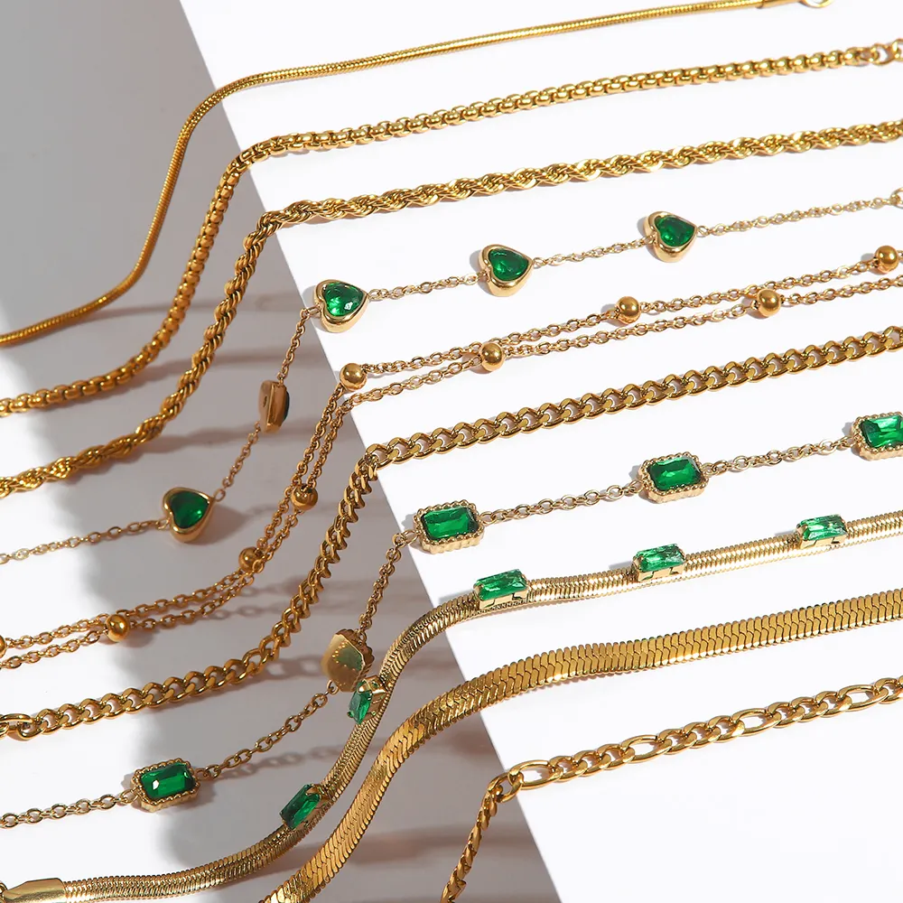 Minimalist Emerald Charms Green Zircon Jewelry Herringbone Band Twist Bracelet Figaro Chain Bracelet