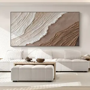 दीवार की सजावट के लिए हस्तनिर्मित फ़्रेमयुक्त सार भूरा सफेद समुद्र तट महासागर सीस्केप दृश्य कैनवास कला 3डी बनावट ऐक्रेलिक पेंटिंग