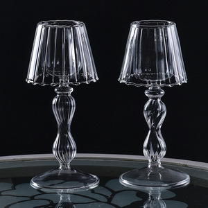 Portavelas Romántico de Cristal, Diseño de Lámpara de Mesa Europea <span class=keywords><strong>con</strong></span> Pantalla Acanalada, Base de Cristal Transparente para Centro de Mesa de Boda y Decoración del Hogar - Product Image 5