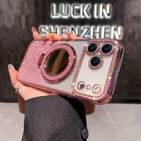Étui de téléphone magnétique de luxe avec support miroir transparent électroplaqué et paillettes pour iPhone 17Air 16E 15 14 13 Pro Max, coque diamant