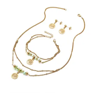 Set perhiasan wanita baja tahan karat 18k emas berlapis rantai Kuba bulan dan bintang hati liontin kalung anting-anting dan Set Gelang