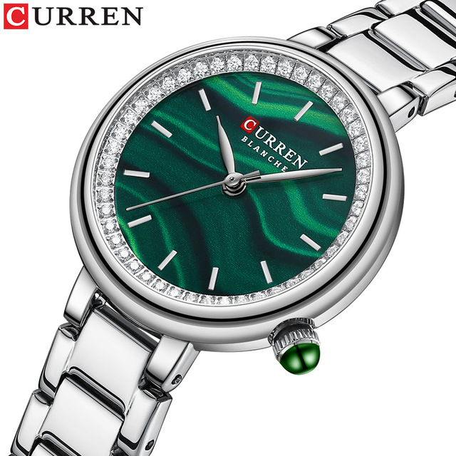 CURREN 9089 Fashion Women's Quartz Watch Elegant Green Diamond Dial Stainless Steel Strap Leisure Simple Business Lady Watches