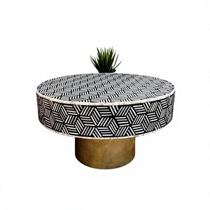 Black White Bone Inlay Round Coffee <b>Table</b> Geometric <b>Cube</b> Pattern Center <b>Table</b> with Gold Tone Pedestal Base Modern Furniture Home - Product Image 1
