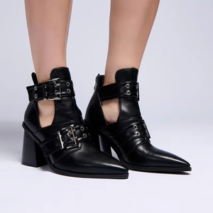 Fábrica 2025 nuevos <span class=keywords><strong>Botines</strong></span> de tacón alto en negro botas de mujer botín de hebilla de hardware metálico plateado - Product Image 1