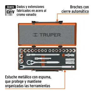 Juego de 25 herramientas, con accionamiento de 1/2 pulgada, medidas estándar y en milímetros, para mecánicos. - Product Image 1