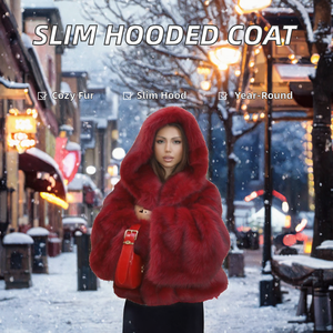 Manteau d'hiver chaud et moelleux pour femme, à capuche, en fausse fourrure, style cape, avec fermeture éclair, teint, vente en gros - Product Image 2