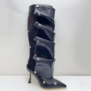 New Colors Metal Rivets Loose Pleated Upper <b>Shoes</b> Thin High Heels Pointed Toe Long Boots Women's Wide Fit Knee High Booties - Product Image 5